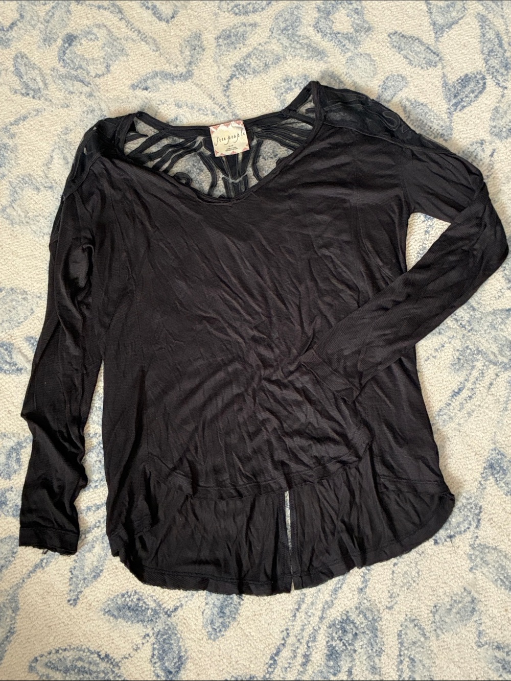 Free People Black Long Sleeve Sheer Back Top —- Size Medium